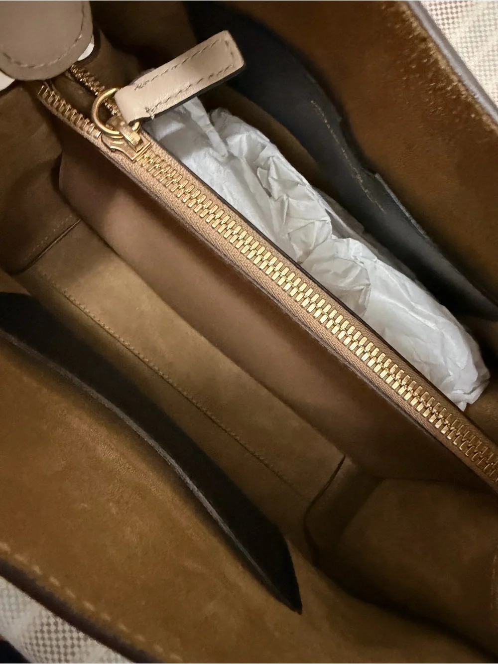 Oscar de la Renta Tan Satchel with Black Appliqué